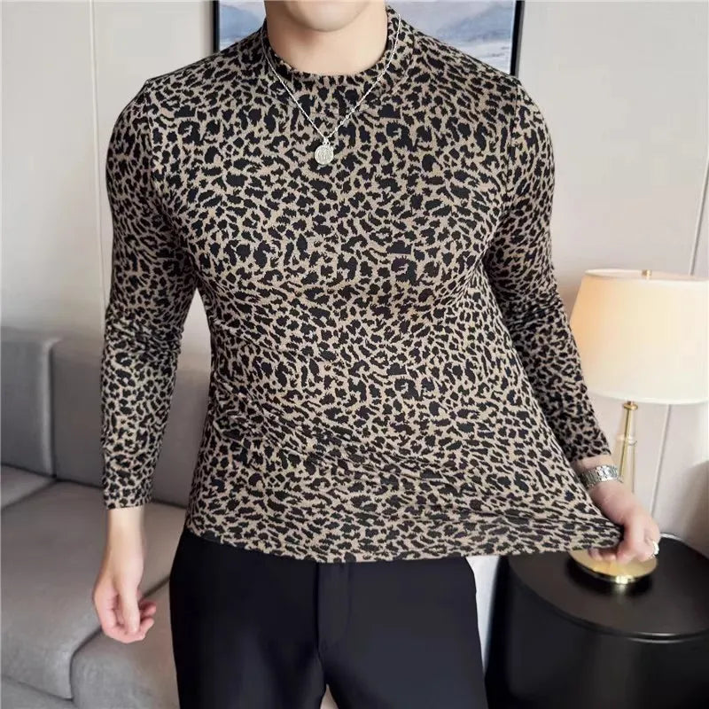 Men's Leopard Print Slim Fit Long Sleeve Mock Neck  Elastic T-shirt