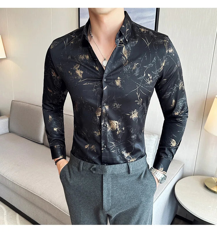 Men's Print Shirt - Slim Fit Long Sleeve Turn Down Collar Shirt