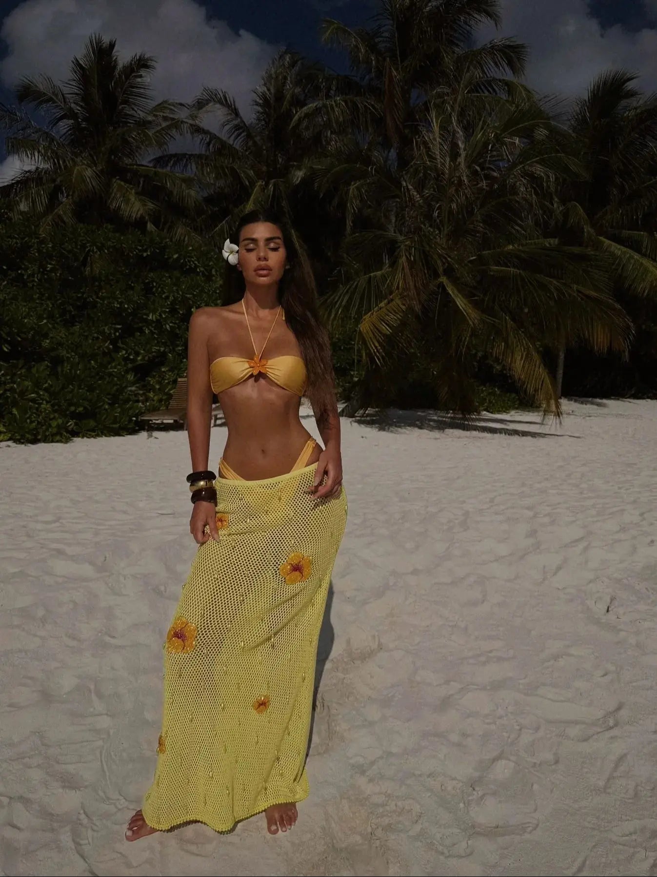 3-Piece Mesh Halter Bikini Set with Skirt Cover-Up