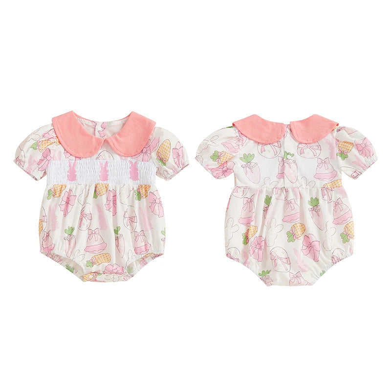 Baby Girls Easter Rabbit Romper - Doll Collar Short Sleeve Bodysuit (0-18M)