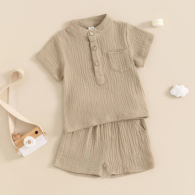 Little Boys Summer Gentleman Outfit Set - Solid Short Sleeve Top & Elastic Waist Shorts (0-4Y)