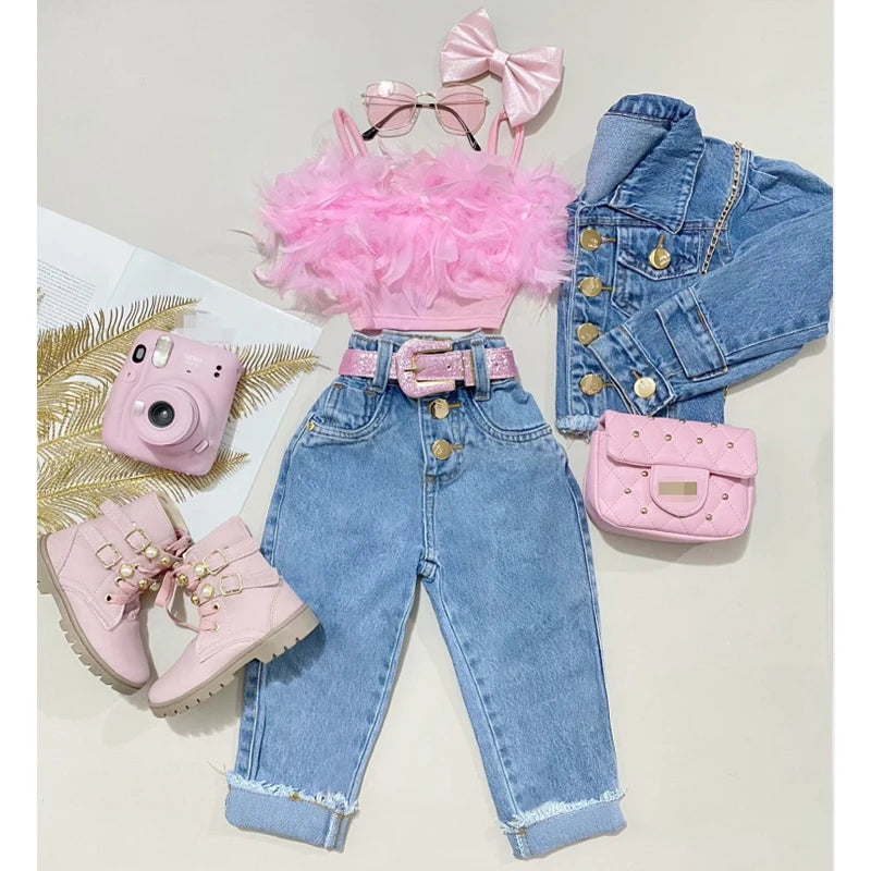 Girls Clothes Sets 1-6Y Ruffles Fur Feather Sleeveless Camisole Tops and High Waist Denim Pants 2pcs