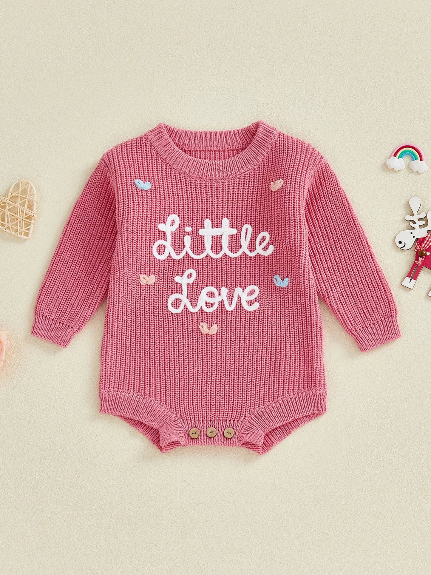 Valentine's Day Baby Knit Romper - Long Sleeve Heart Embroidery Jumpsuit