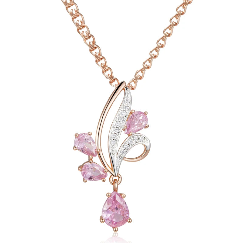 Women's 585 Rose Gold Silver Colour Shiny Pink Natural Zircon Flower Pendant Necklace