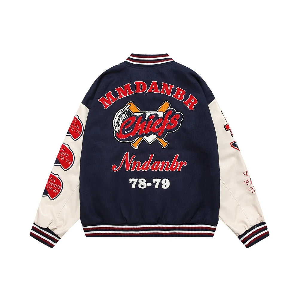 Men's Vintage Flocked Embroidery Patchwork Varsity PU Leather Sleeve Baseball Jacket