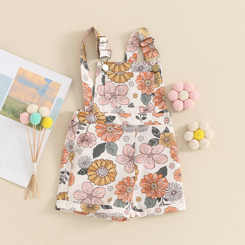 Kids Girls Overalls Shorts 0-6Y Sleeveless Straps Strawberry/Flower Print Denim Button Pocket Jumpsuit