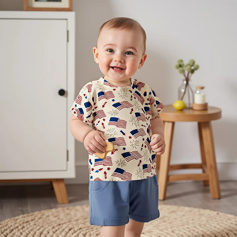 0-3Y Infant Baby Boys American Flag Clothes Sets Short Sleeve Flag Print T Shirts Drawstring Shorts Set