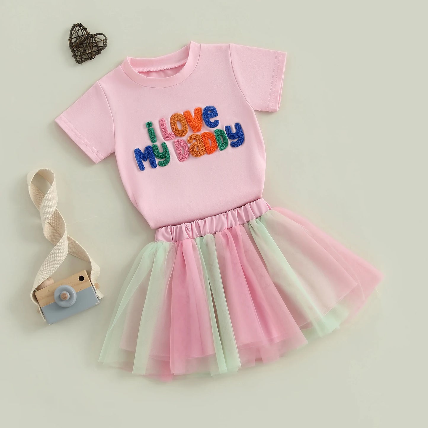 0-5Y Toddler Kids Girls Summer Clothes Sets Letter Embroidery Short Sleeve T-Shirt and Elastic Tulle Skirt
