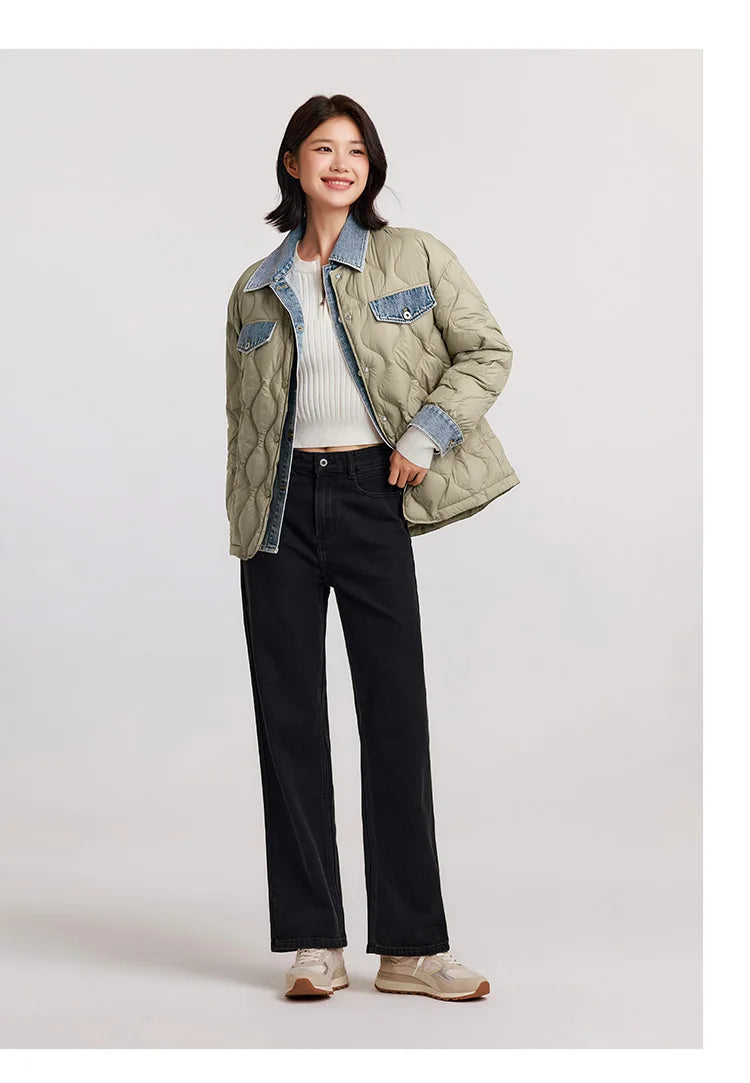 Women's Wide Leg Brushed Denim Jeans - Loose Fit Winter Warm Long Pants