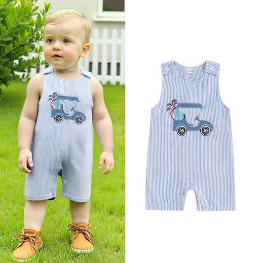 0-18M Baby Boys Romper Sleeveless Crew Neck Striped Print Golf Car Embroidery Summer Jumpsuits Pants