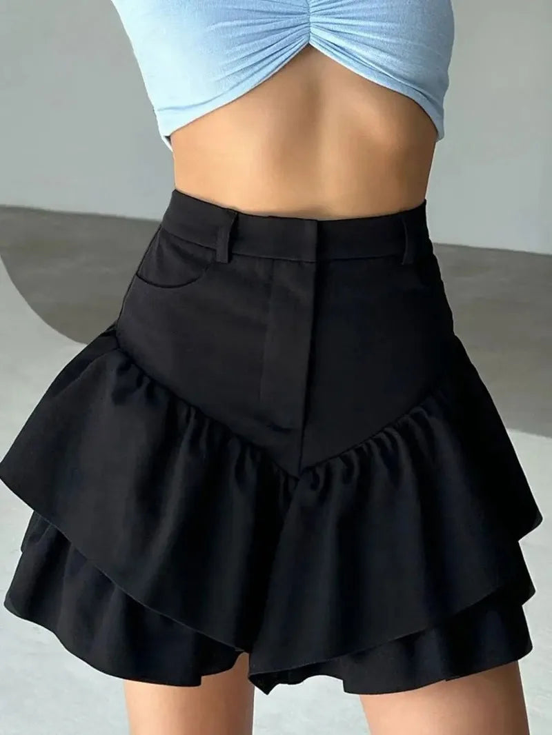 Women's Ruffles Temperament High Waist Folds Splice Shorts Skirt