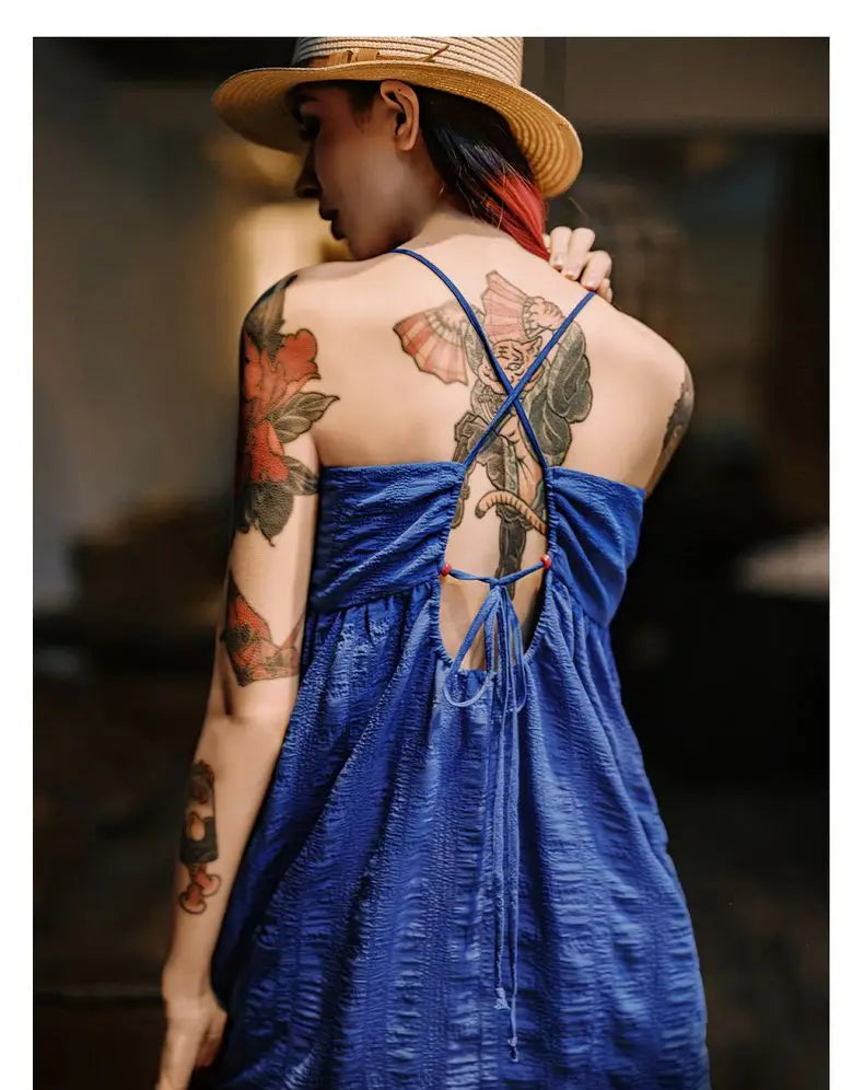 Women's Blue Seersucker Sleeveless A-Line Beach Dress - Summer Vacation Strappy Slip Dress