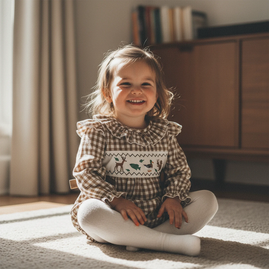 Baby Girls Boys Autumn Winter Plaid Long Sleeve Ruffle Collar Animal Embroidery Romper