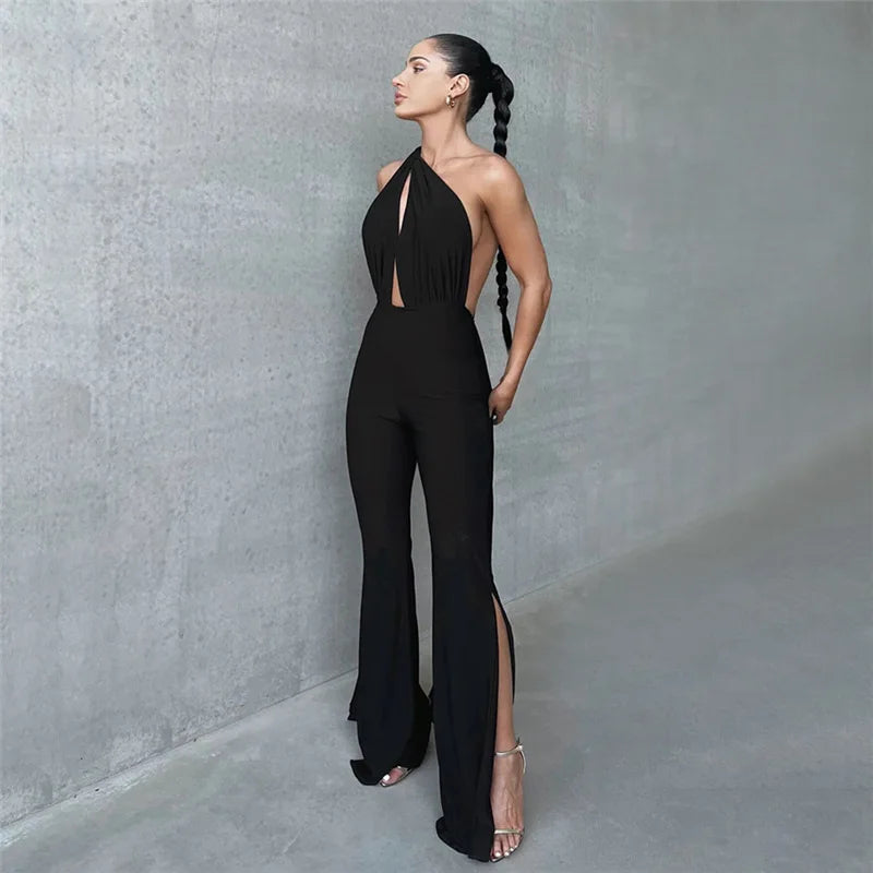 Women's Deep V Wrap Around Halter Backless Flare Pants Jumpsuit -  One-Piece Rompers Overalls