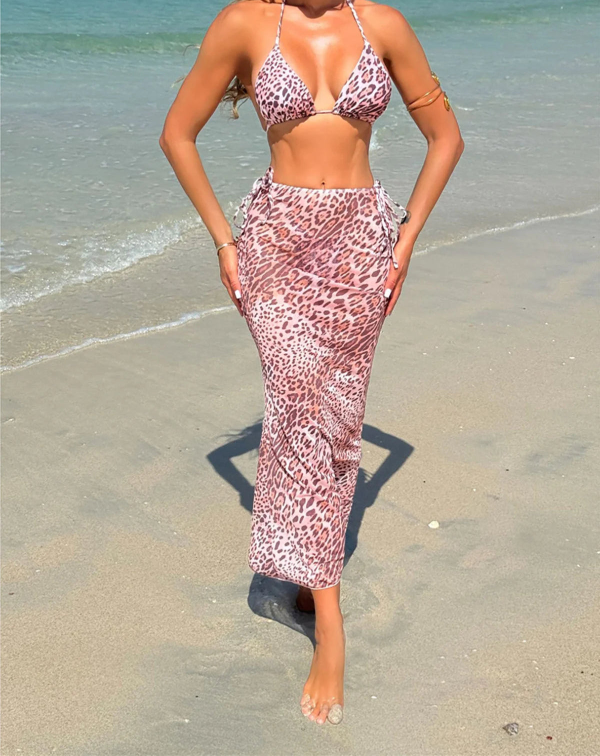 Women's Leopard With Skirt Halter Bikini Women Swimwear Swimsuit Three-pieces Bikini set