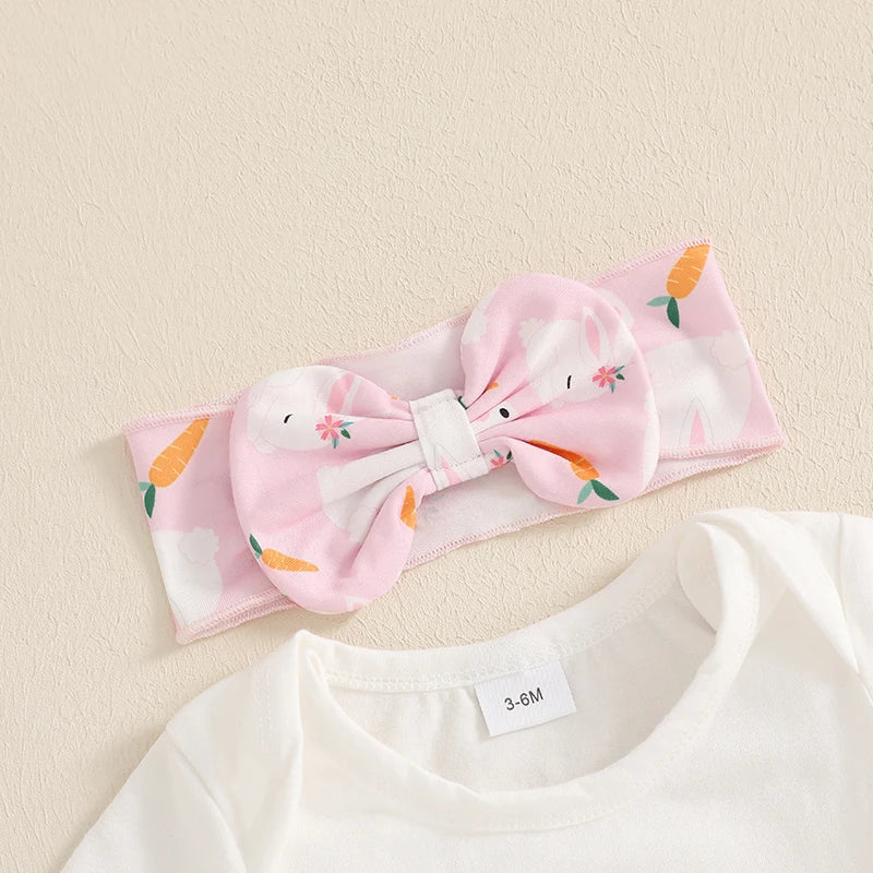 Baby Girls' Easter Outfit Set - Letter Print Romper, Carrot Bunny Shorts & Headband 3pcs