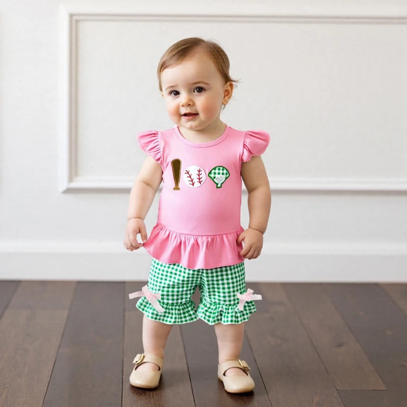 Baby Girls Summer Clothes Set - Baseball Embroidery Ruffle T-Shirt & Shorts