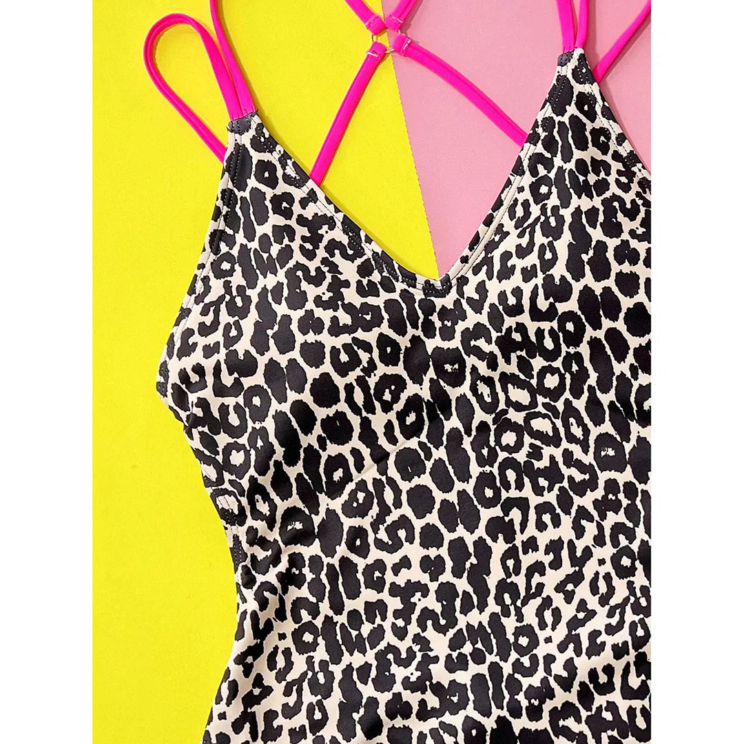Leopard V Neck Backless High Leg Swimsuit