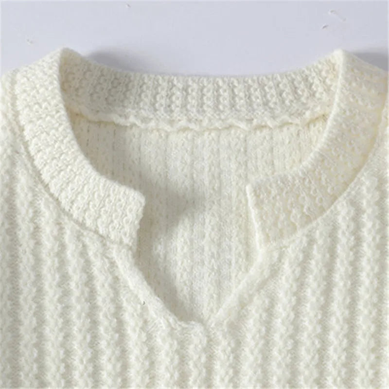 Autumn Winter V-Neck Knitted Sweater - Solid Colour Breathable Pullover