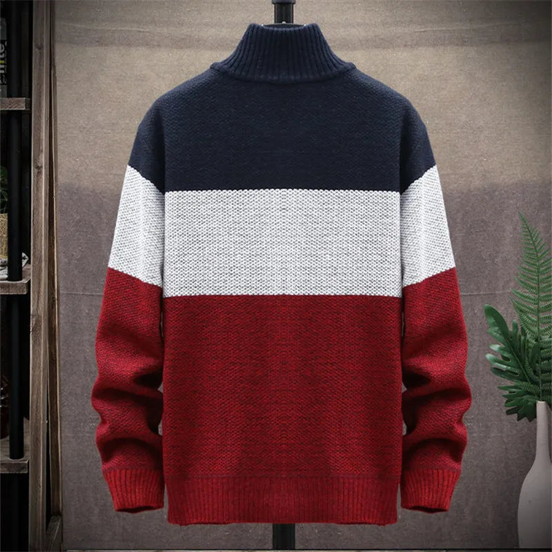 Men's Knit Cardigan Patchwork Stand Collar Zipper Knitted Thick Sweater