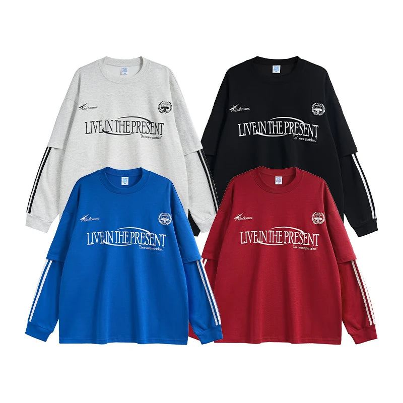Unisex Retro Double Layer Streetwear Hip Hop Oversized Long Sleeve Sportswear T-Shirt