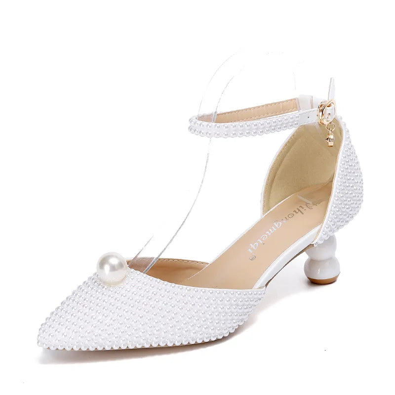 Women's 5cm Round Heel Shaped Heel Pearl Sandals