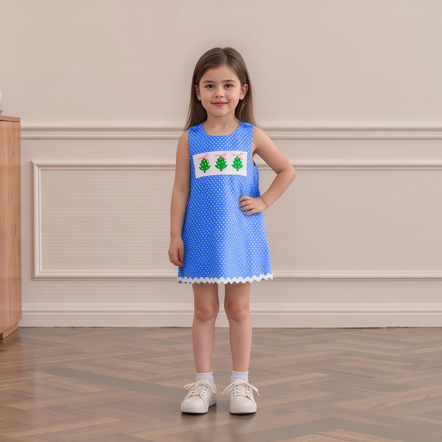 Girls' Christmas Tank Dress - Sleeveless Plaid Dress with Embroidered Tree Design