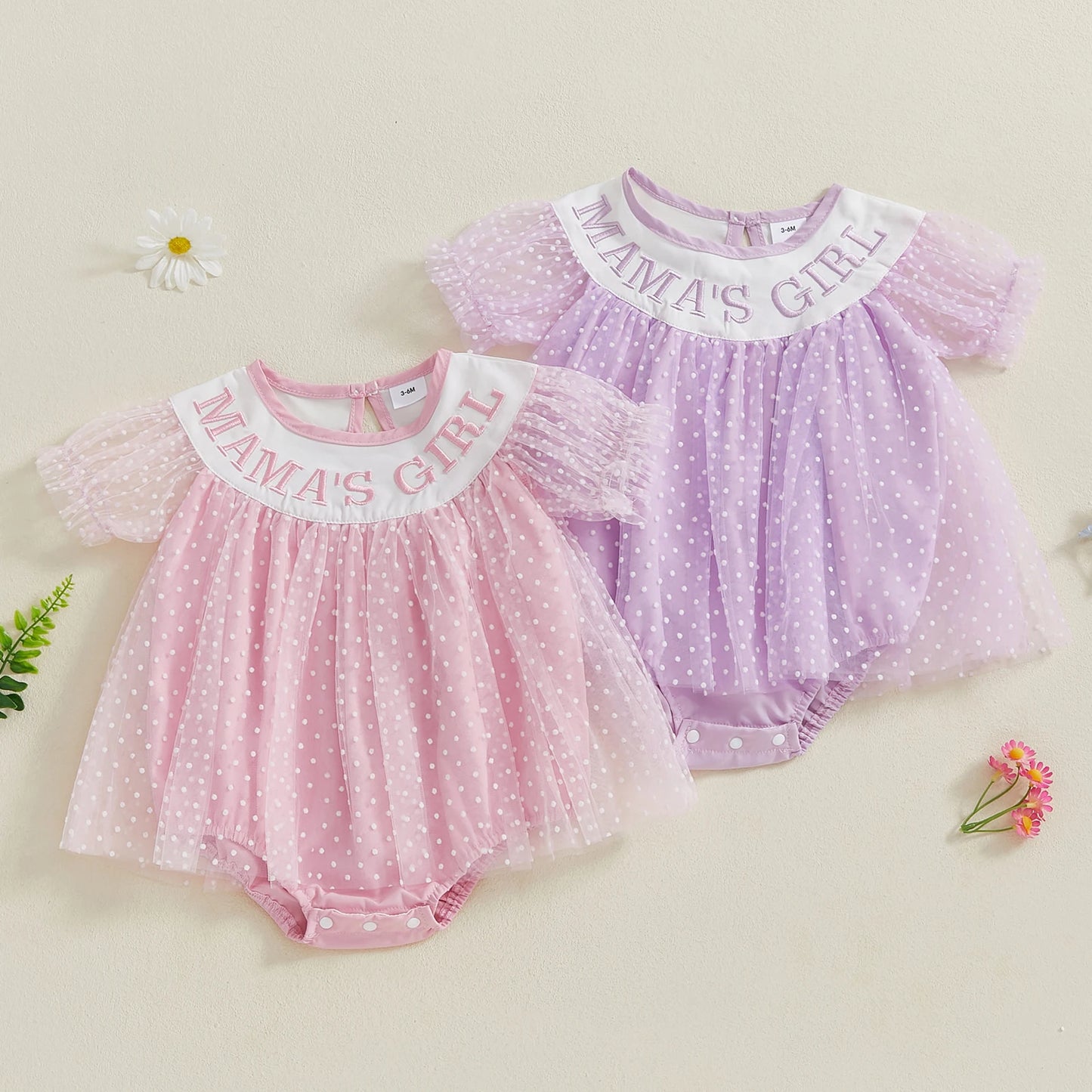 Baby Girls Birthday Romper Dress - Short Sleeve Dots Letters Embroidery Tulle Jumpsuit