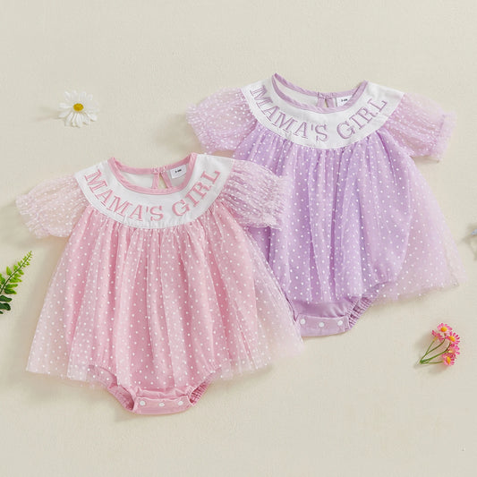 Baby Girls Birthday Romper Dress - Short Sleeve Dots Letters Embroidery Tulle Jumpsuit