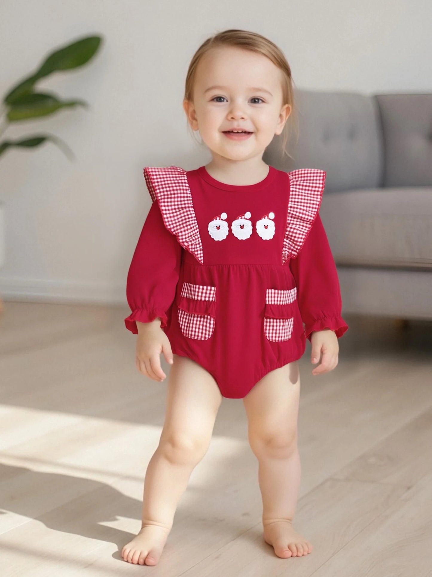 Baby Christmas Romper - Santa Plaid Ruffle Trim Long Sleeve Bodysuit with Pockets (0-18M)