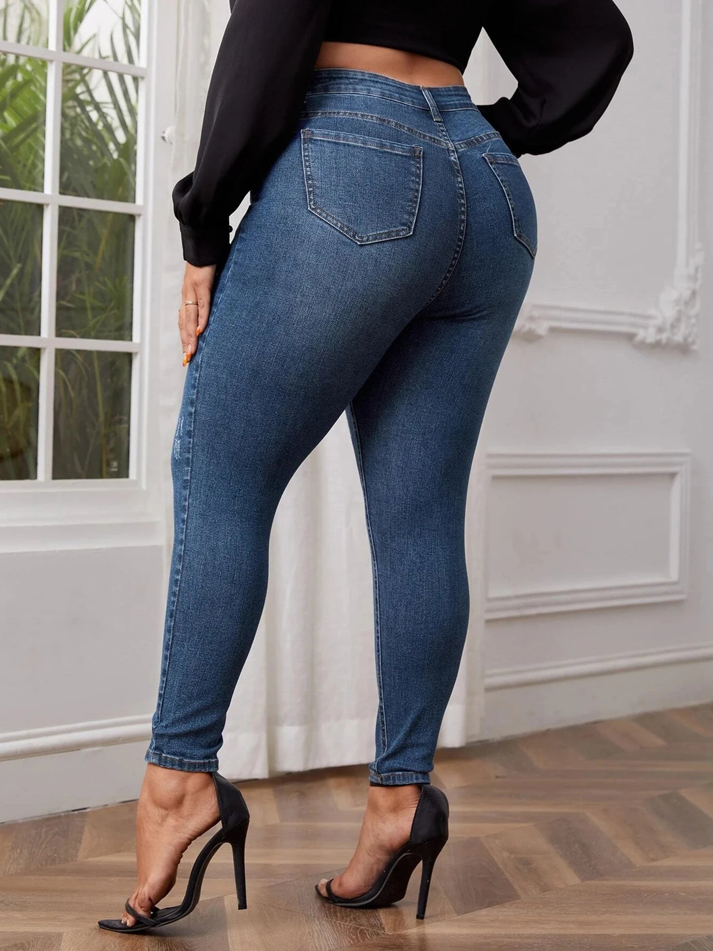 Plus size Jeans - Women full length high waist stretchy stretchy Jeans