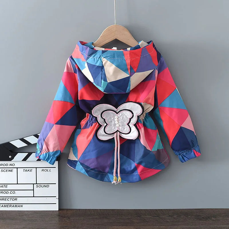 Children's Hooded Geometric Print Butterfly Patch Zipper Pocket Thin Jacket