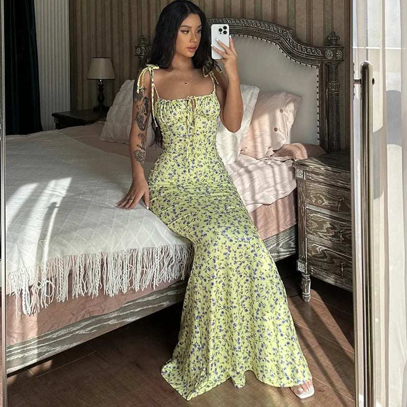 Women's Floral Off Shoulder Lace Up Deep V Neck  Long Dress