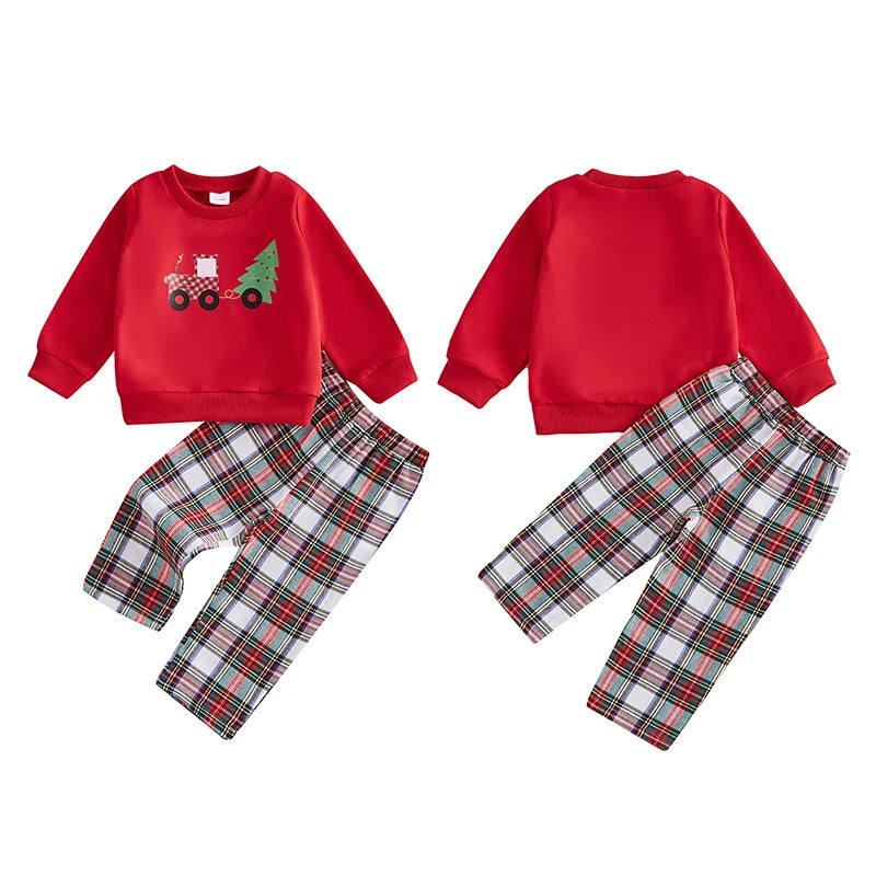 1-5Y Toddler Kids Boys Christmas Clothes Set- Xmas Tree Print Long Sleeve Sweatshirt with Plaid Pants Set