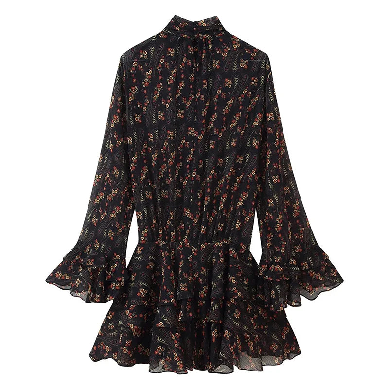 Floral Print High Neck Mini Dress - Long Sleeve Spring Autumn Dress