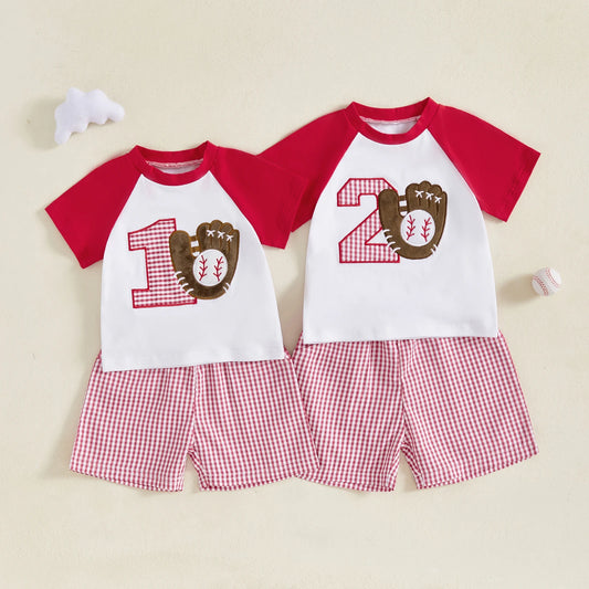 Summer Baby Boys Birthday Baseball Outfit Set - Letter Embroidery T-Shirt & Plaid Shorts (0-3Y)