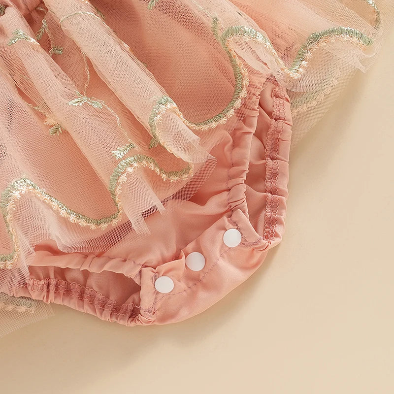 Baby Girls Summer Romper Dress with Headband - Floral Embroidery Tulle Jumpsuit