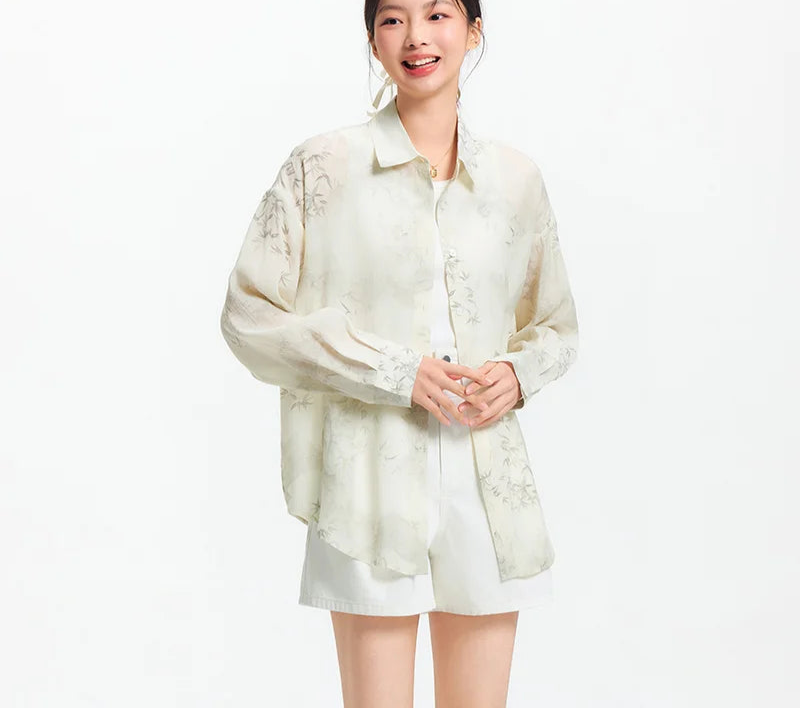 Women's Long Sleeve Oversized Shirt - Mid-Length Relaxed Fit with Artistic Ink Print