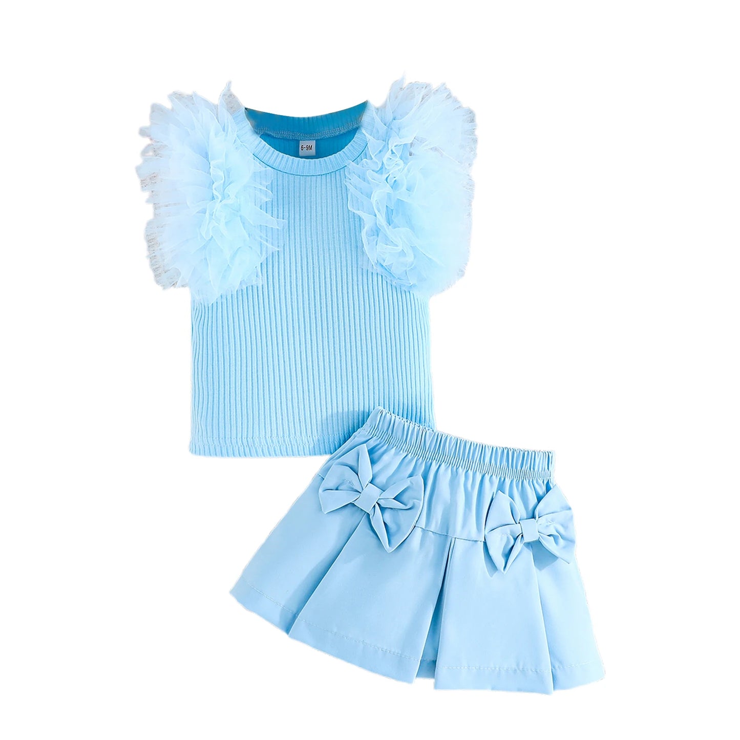 Baby Girls Summer Clothes Set - Tulle Ruffled Tank Top & Bow Pleated Skirt