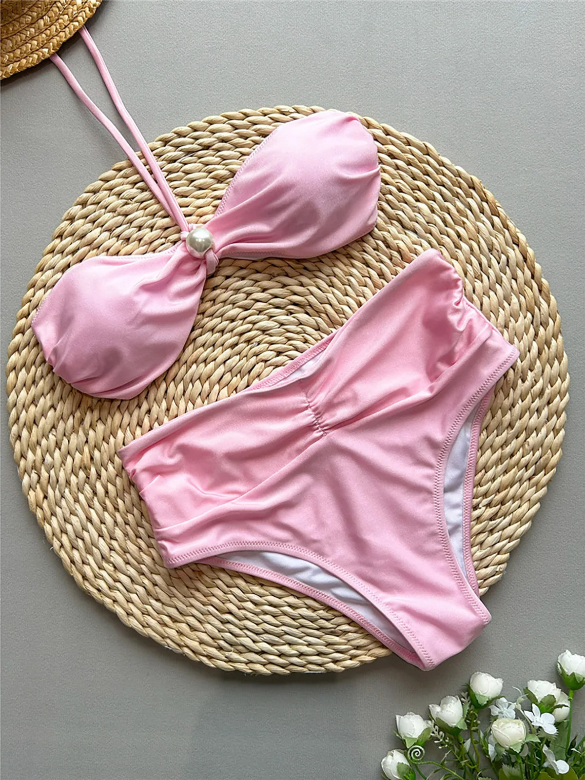 Pearl Detail High Waist Halter Bikini Set