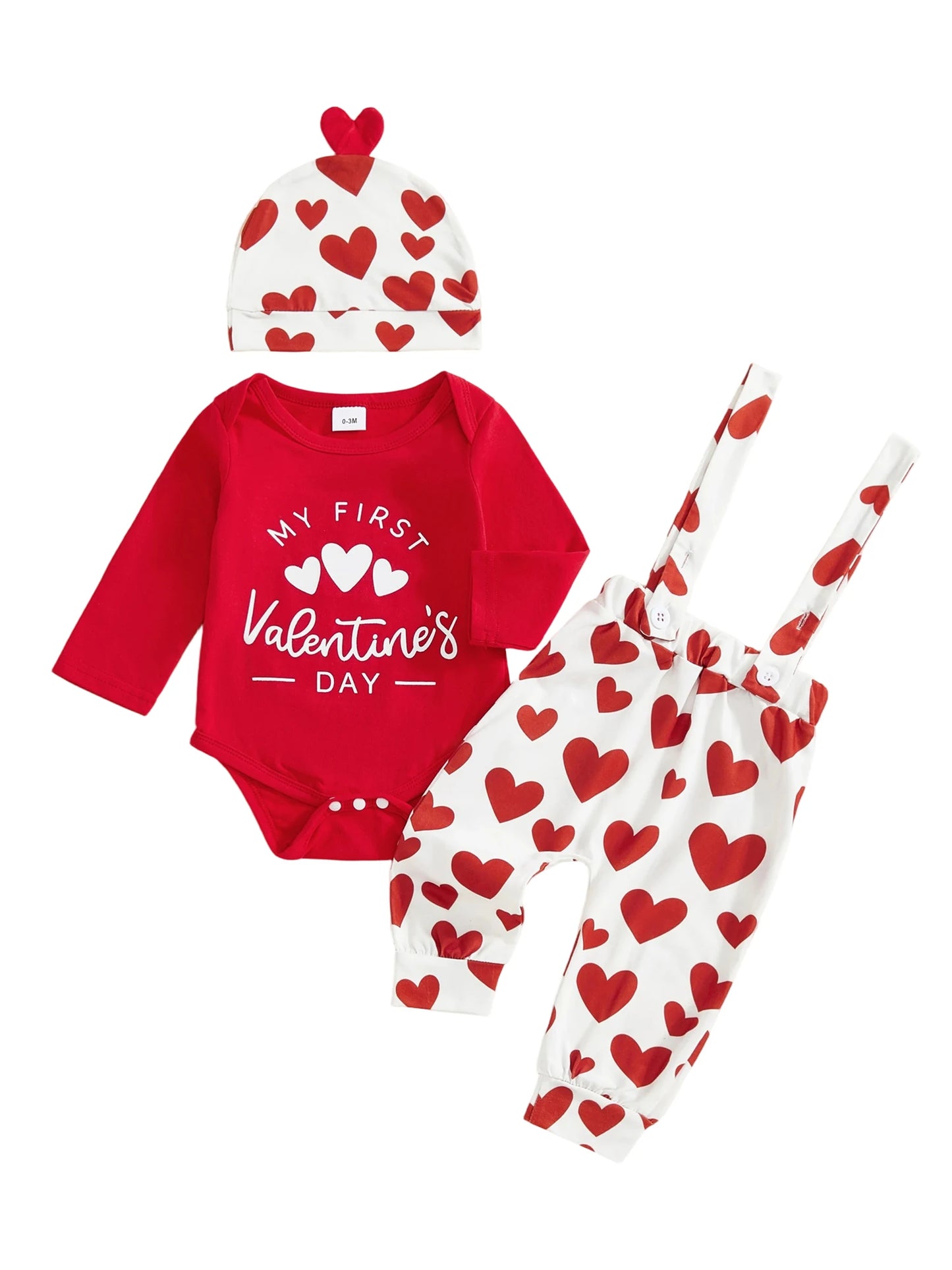 Baby Boys Valentine's Day Outfit Set - Heart Print Romper with Suspender Pants & Hat 0-18M