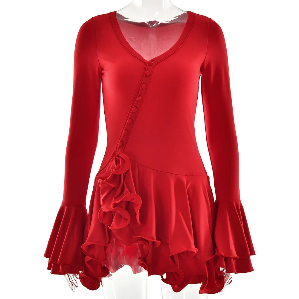 Women's Ruffled Mini Dress - Single-Breasted V-Neck with Flare Sleeves