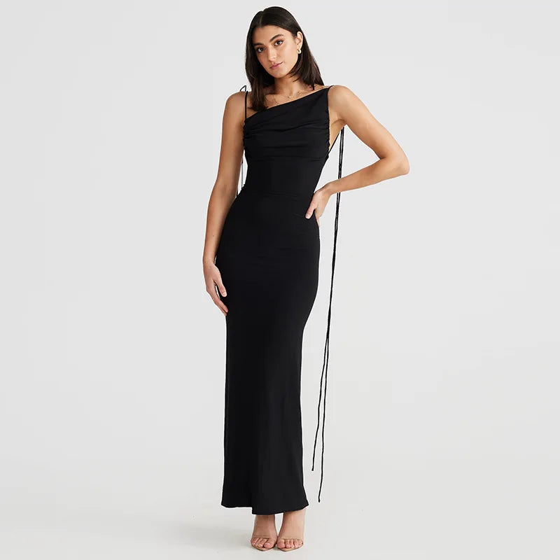 Women's Halter Backless Ruched Maxi Dress - Women Tie Detail Sleeveless Split Bodycon Dress