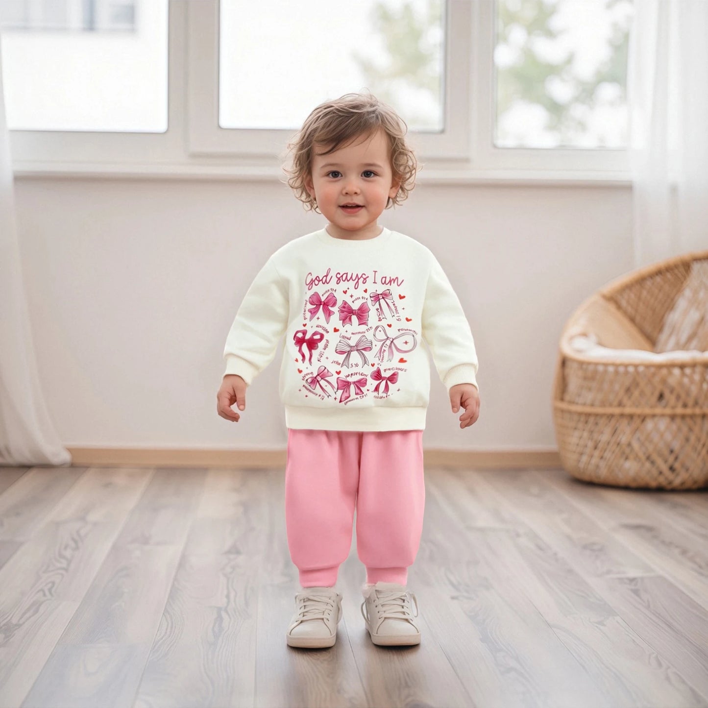 Baby Girls Fall Winter Clothes Set - Bow Letter Print Sweatshirt & Pants (0-3Y)