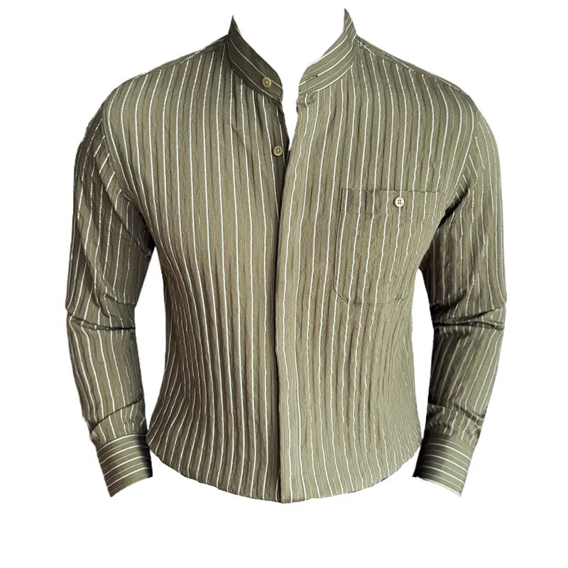 Men's Striped Stand Collar Long Sleeve Single Breasted Shirt