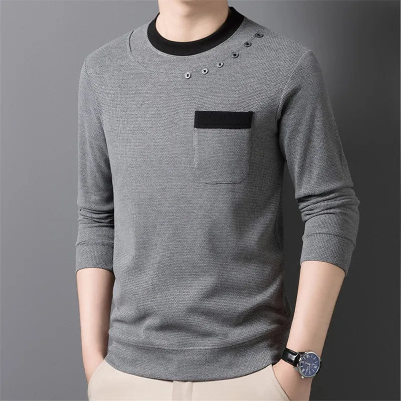Men's Patchwork O-Neck Knit Pullover - Smart Casual Warm Sweater with Pocket
