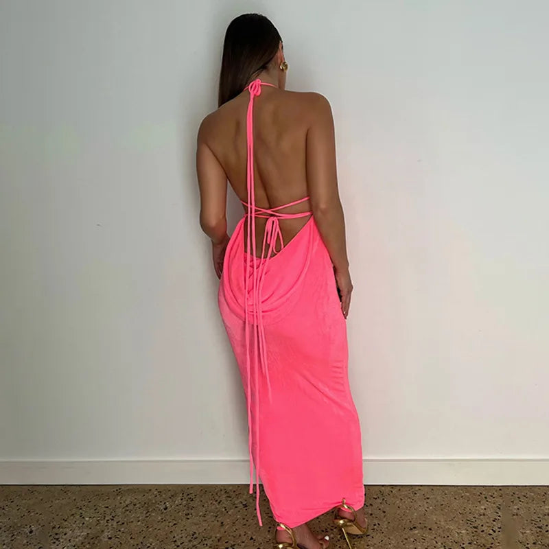 Women's Halter Backless Draped Maxi Dress - Long Straps Shift Dress