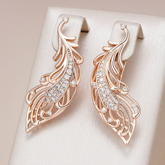 Women's Shiny Natural Zircon  585 Rose Gold Colour Long Crystal Flower Earrings