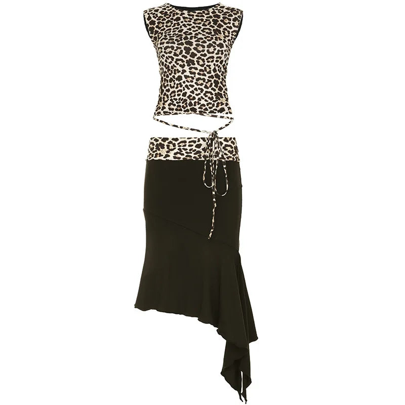 Women's Double Wear Skirt - Leopard Print Lace Up Sleeveless Vest Irregular Splice Skirt Two Pieces Set