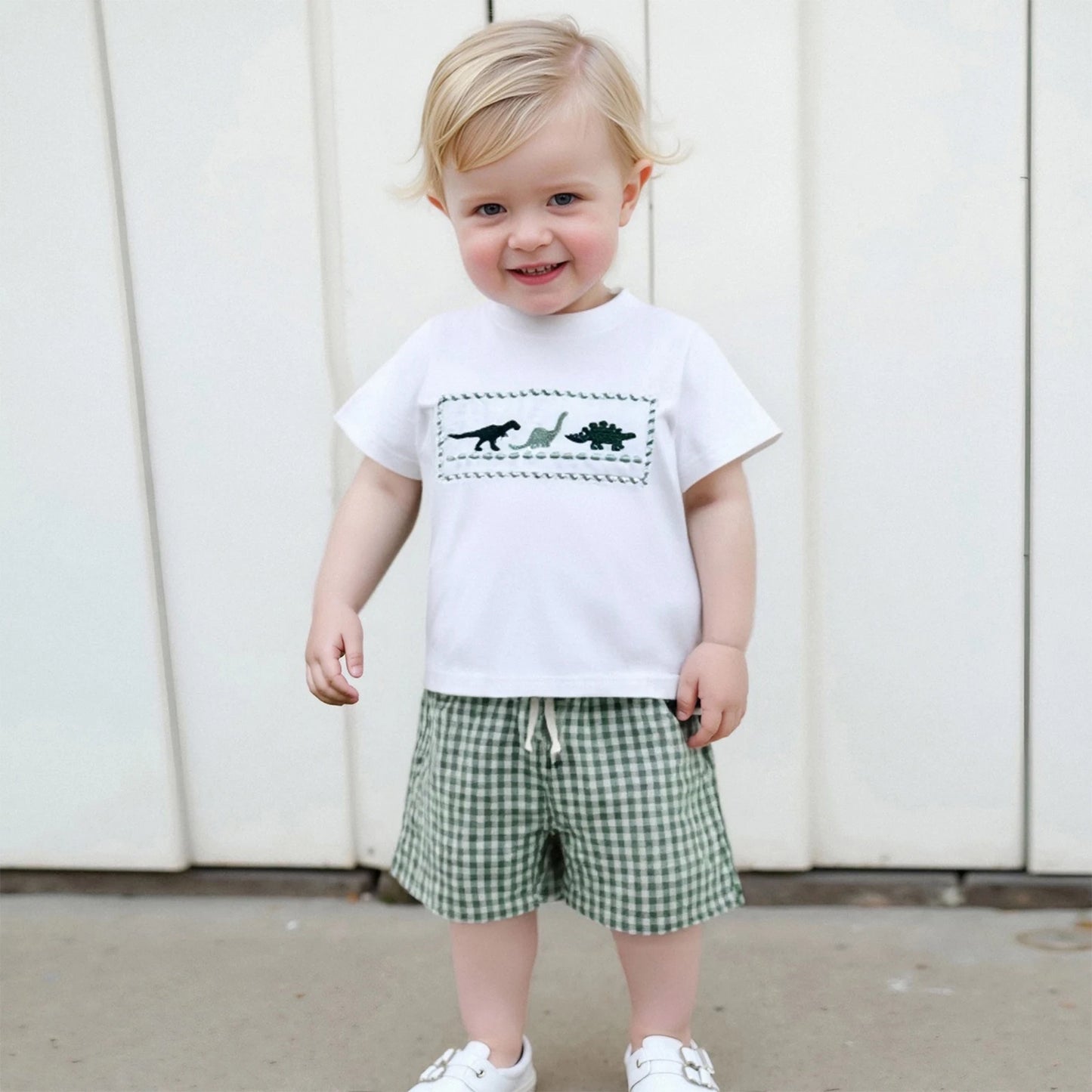 Dinosaur Embroidered T-Shirt & Plaid Shorts Set - Toddler Boys (0-4Y)